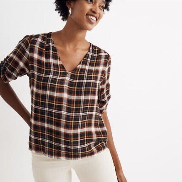NEW Madewell Plaid Puffed Cinch Sleeve Top V Neck Blouse Womens Small - Picture 1 of 8
